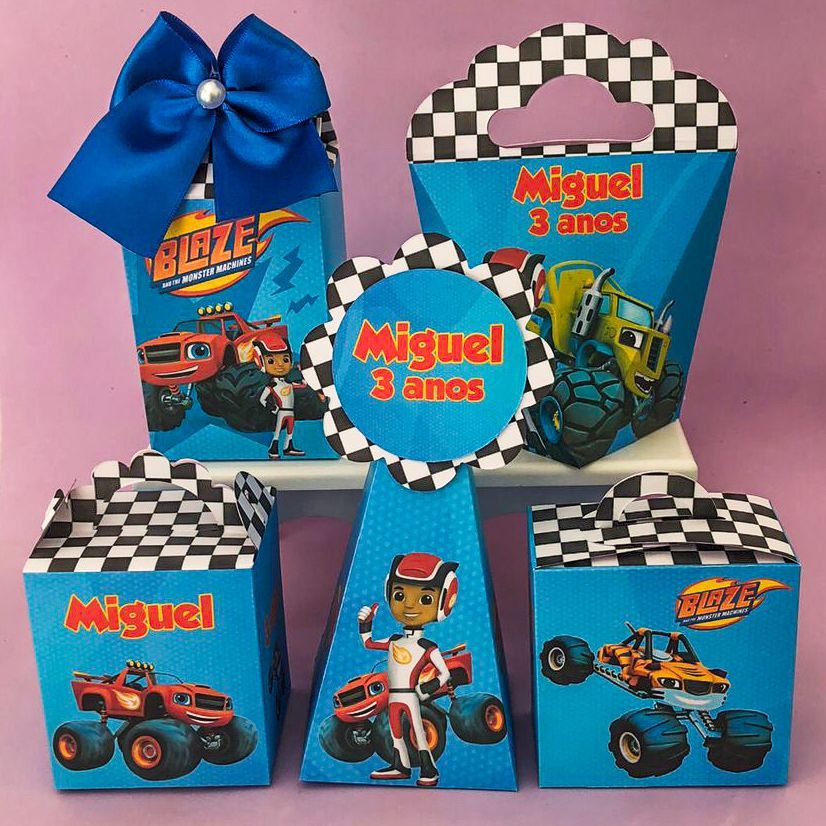 Kit Blaze Monster 50 Caixas Personalizadas Lembrancinhas Festa Infantil Caixinhas Milk Aniversário Pegue e Monte