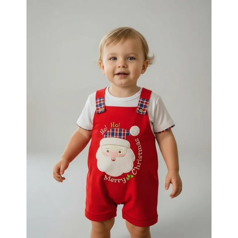 Jardineira Natalina Com Camiseta Natal Papai Noel Bebê Menino Menina 2 Peças
