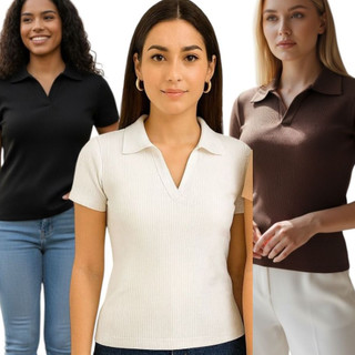 Kit 3 Blusas Femininas Básicas Gola Polo Ribana algodão