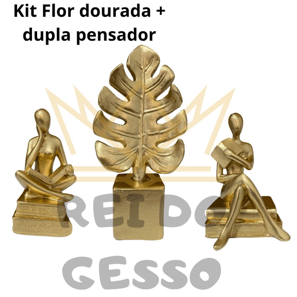 Kit Estatueta Minimalista Pensador Livro + Escultura Folha Costela De Adão Dourado Decoração Luxo