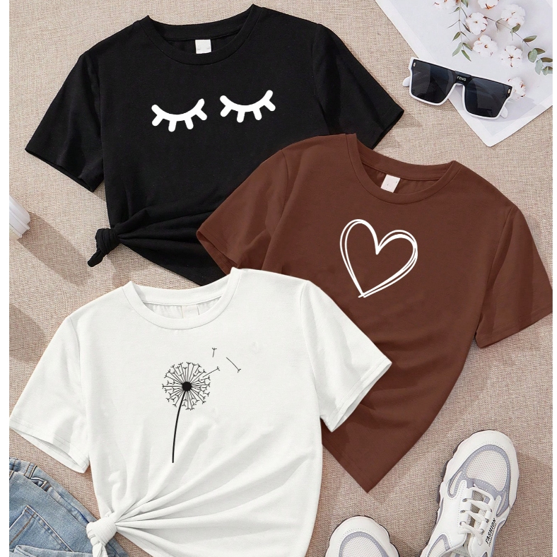 Blusa feminina de algodão kit com 3 Olhos/Coração/Dente de Leão blusa marrom preta Off White