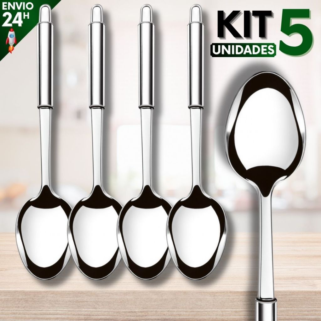 Kit 5 Colher Para Servir Arroz Inox Grande 34cm Utensílio Reforçado Para Cozinha e Restaur...
