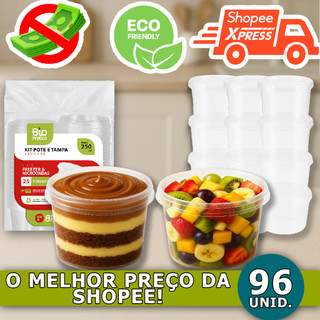 Kit 96 Pote Plástico Redondo 250ml com Tampa  Embalagem Bolo de Pote, Sorvete, Doces