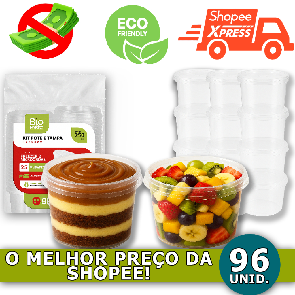 96 Pote Plástico Redondo 250ml com Tampa  Embalagem Bolo de Pote, Sorvete, Doces