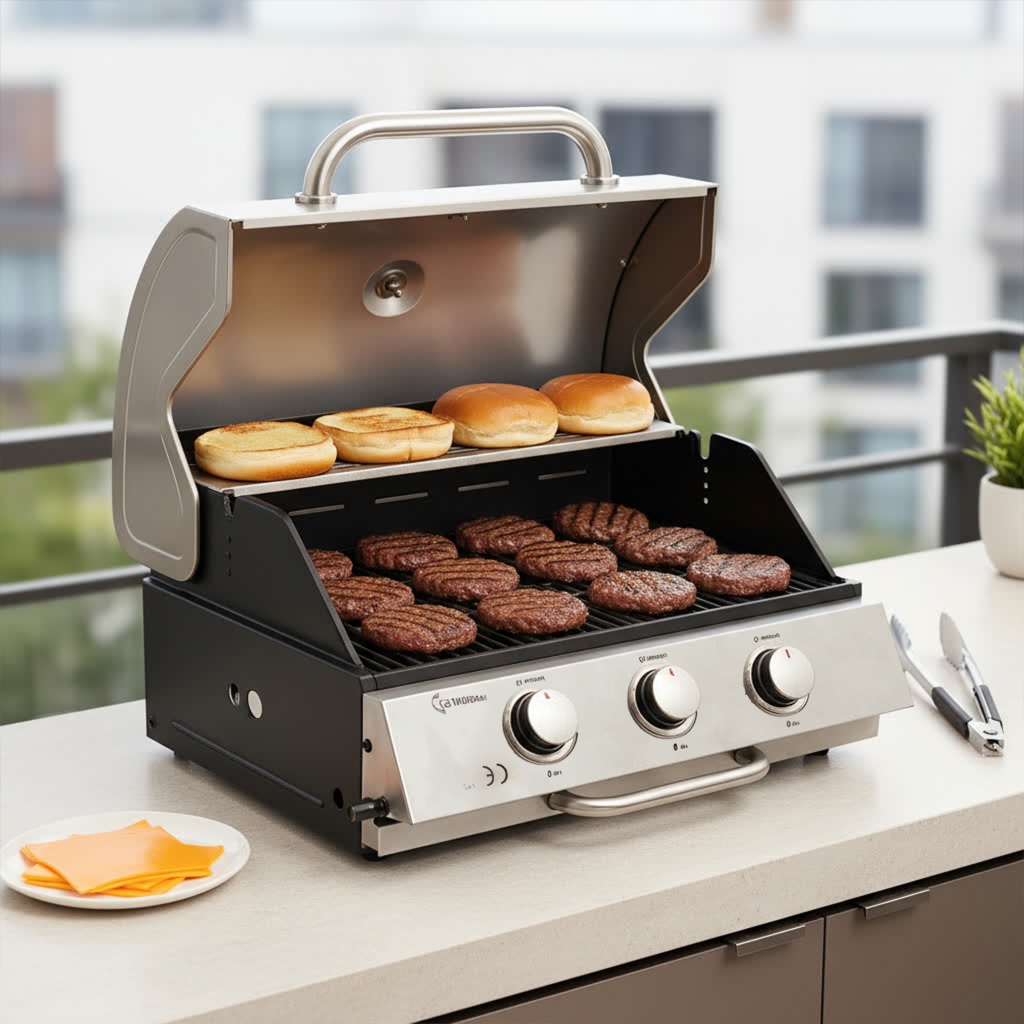 Imagem Churrasqueira a Gas 3 Queimadores em Inox a Bafo de Embutir para Bancada Estilo Americana Condominio