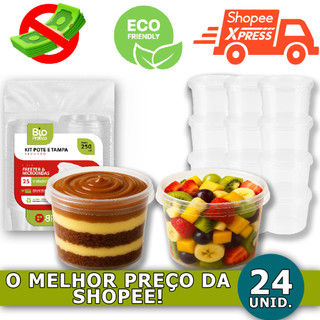 24 Pote Plástico Redondo 250ml com Tampa  Embalagem Bolo de Pote, Sorvete, Doces