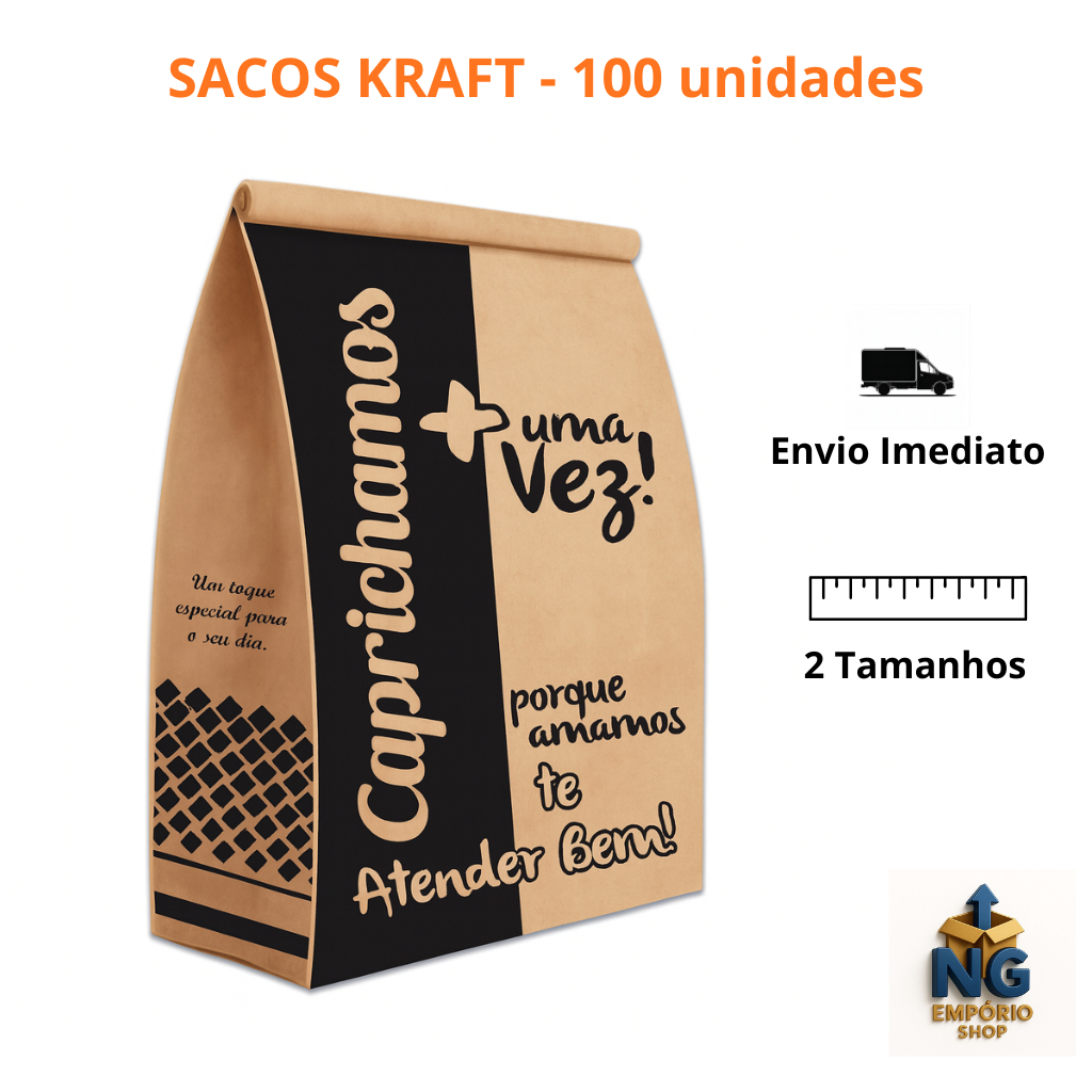 Saco Kraft 100 un - Delivery, Lanches - 2 Tamanhos