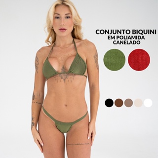Biquíni Top Cortininha Canelado Calcinha Fio Dental Marquinha em Poliamida com Elastano em Oferta na Shopee