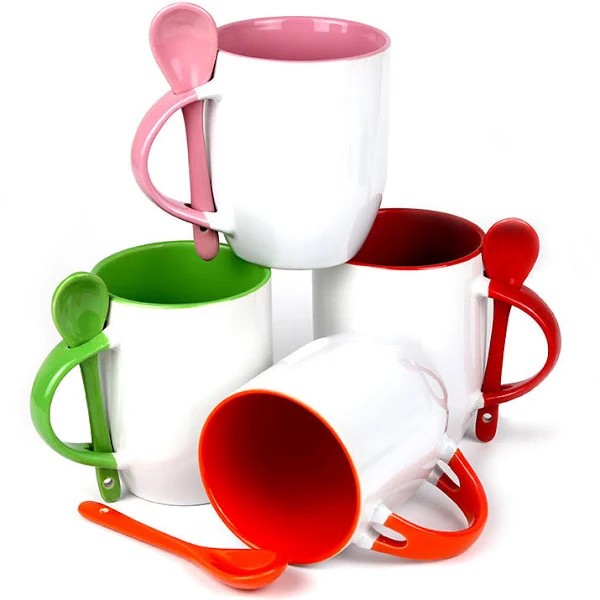 Kit com 06 Canecas com Colher - Base Cônica - Cerâmica Para Sublimação - VÁRIAS CORES - 325 ml - Sublimática