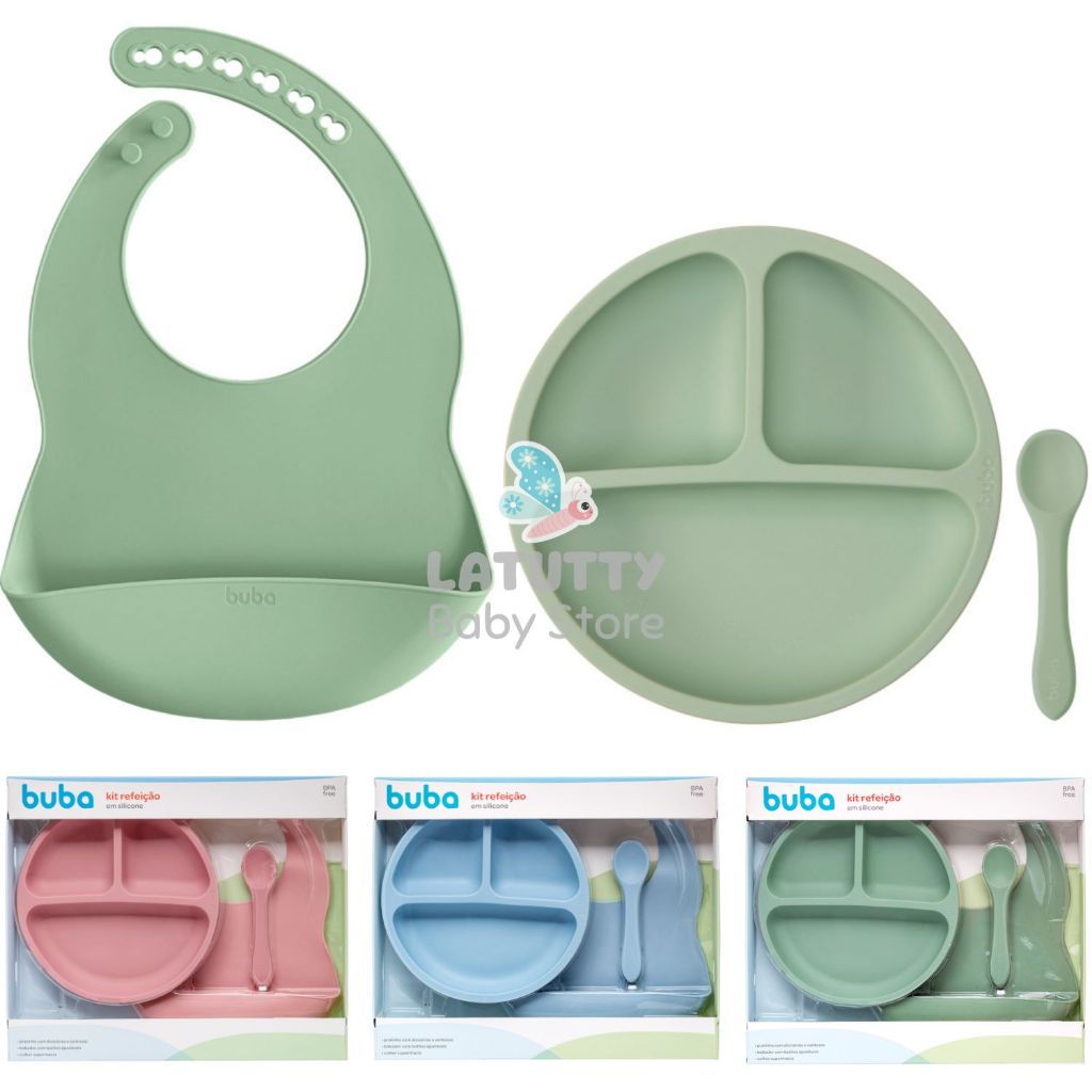 Kit Refeição Todo Silicone Buba 3 Peças Prato Ventosa Pratinho Bowl Colher Bebê Infantil Original Buba