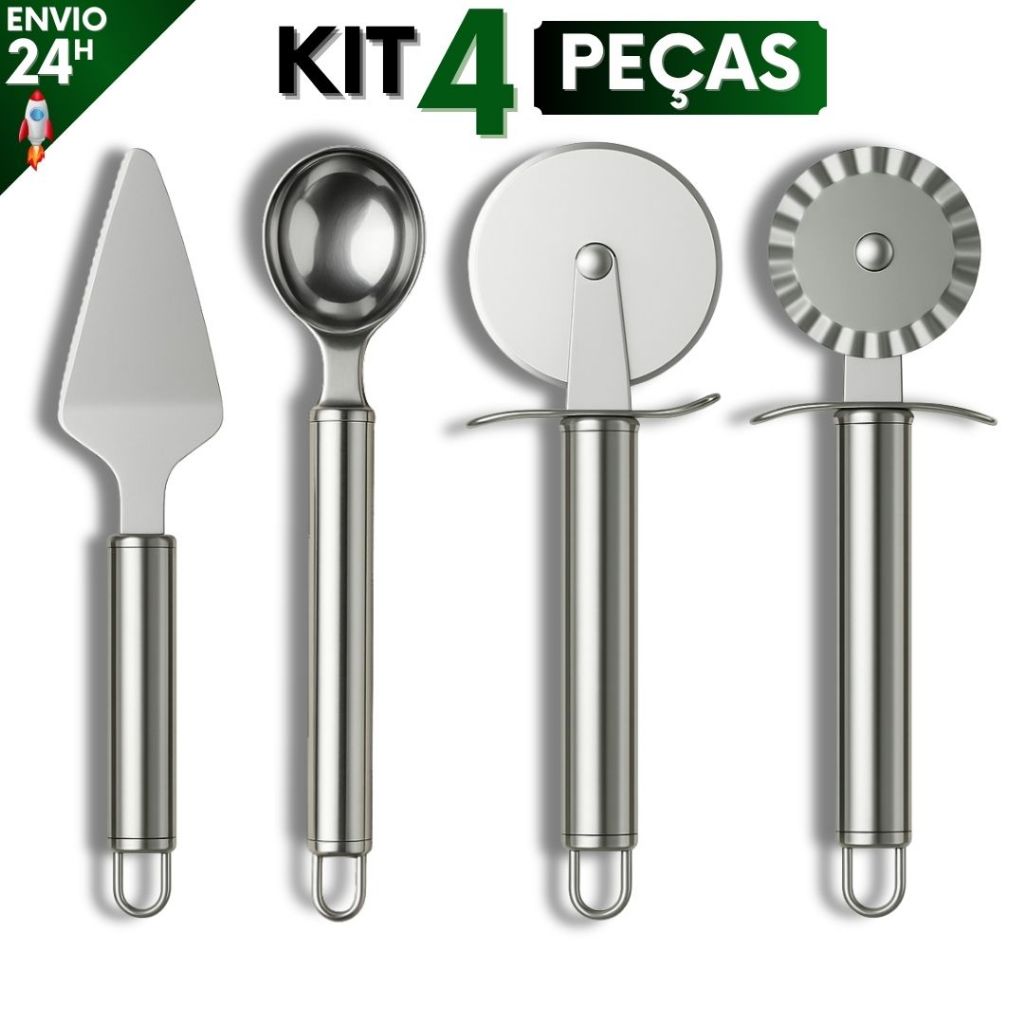 Kit 4 Peças Inox Cortador de Pizza, Carretilha Para Massa, Colher de Sorvete e Espátula de Bolo