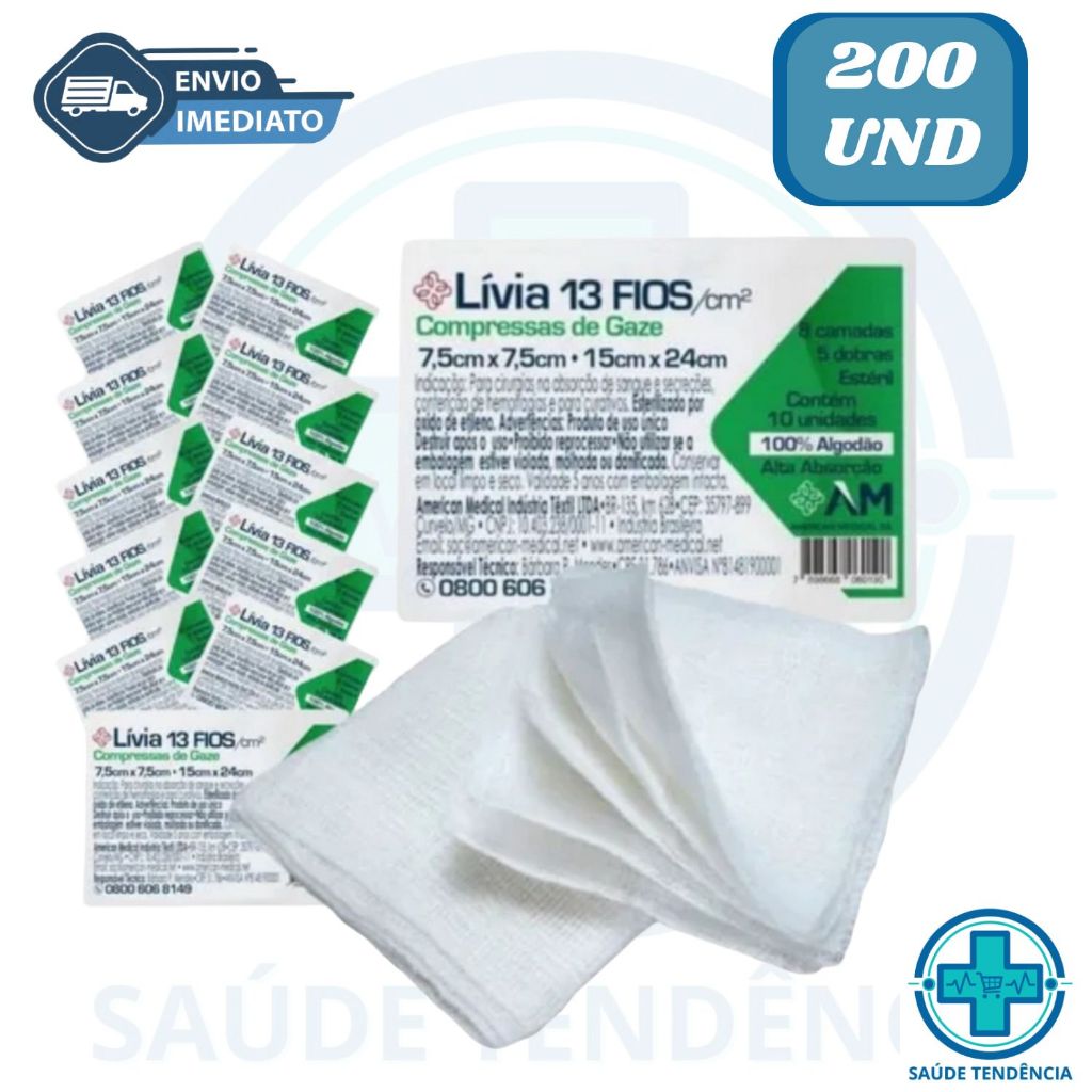 Kit 200 Unidades Compressa Gaze Estéril 13 Fios 7,5x7,5 20 Pacotes Livia