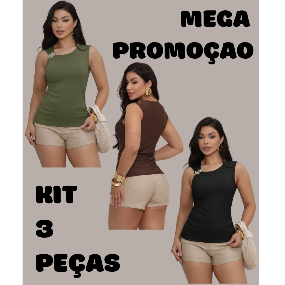 kit 3 peças blusihnha regata basica feminina forro duplo suplexcom fivela dourada blogueira tendencia