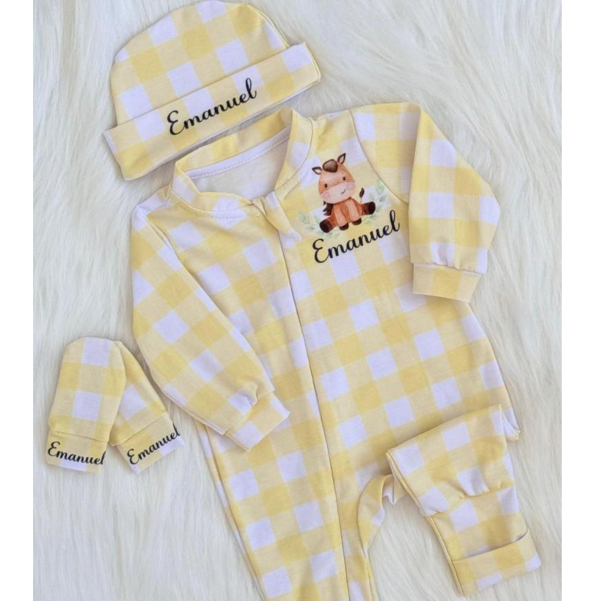 Macacão Bebê Saída Maternidade| Conjunto Macacão RN Bebê Menino com nome | Kit Macacão Personalizado