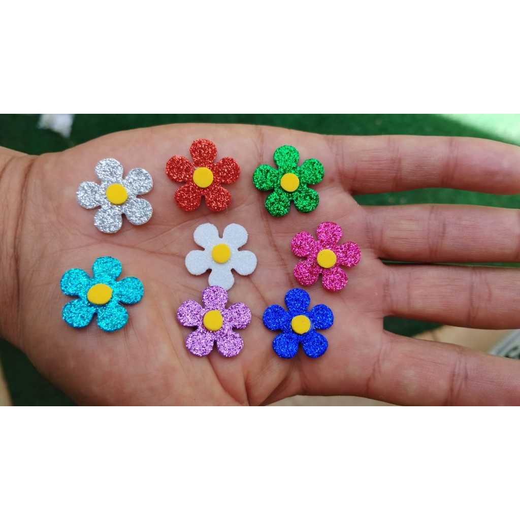 Kit 50, 100 e 200 Apliques em EVA Flor Gliter 20mm várias Cores - Apliques Florzinha - Sem Adesivo
