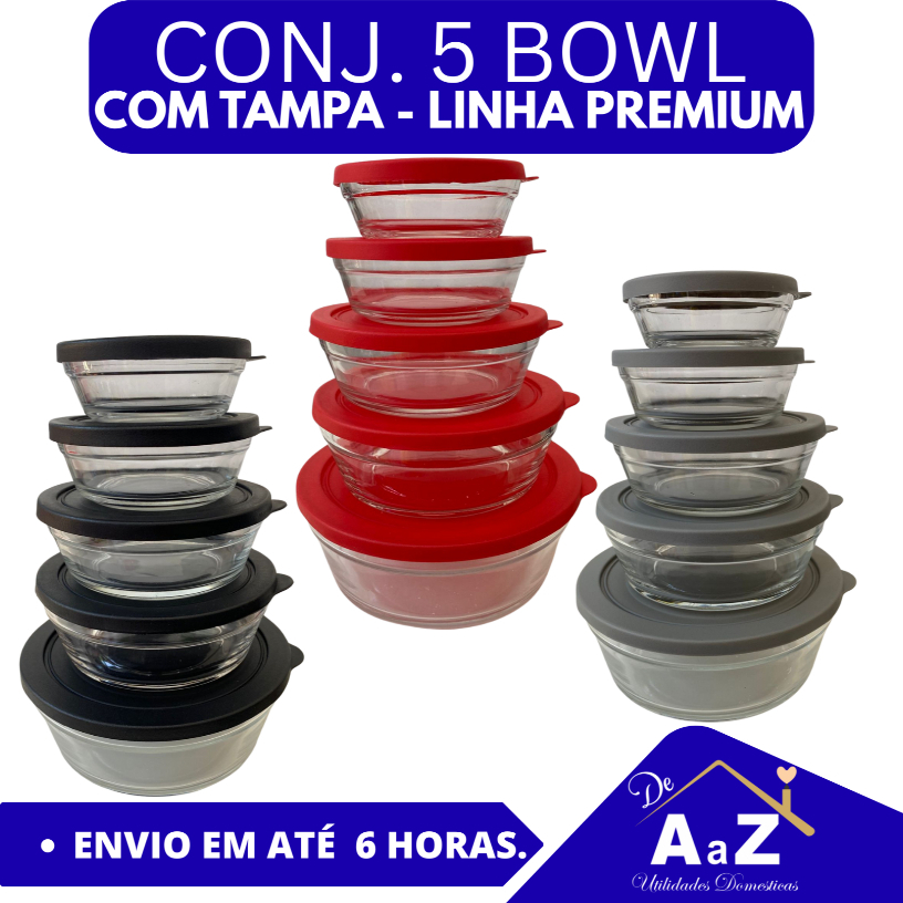 CONJUNTO TIGELA VIDRO COM TAMPA BOWL MARMITA TAMPA HERMETICOS 5 PEÇAS LINHA PREMIUM