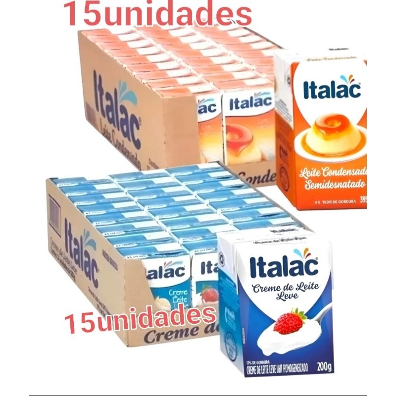 kit com 30unidades 15unidades leite condensado S italac 395g  e 15unidades  creme de leite italac 200g