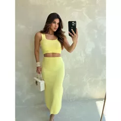 Conjunto Feminino Modal Elegante Blusa Cropped & Saia Midi