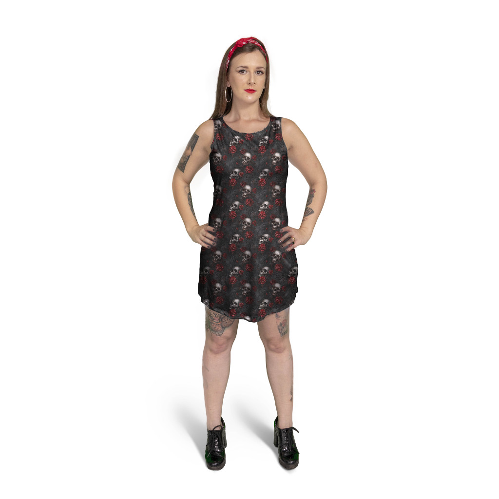 Vestido Regata Curto Verão Caveira Flores Rosa Caveira Gótico Punk Rock Streetwear