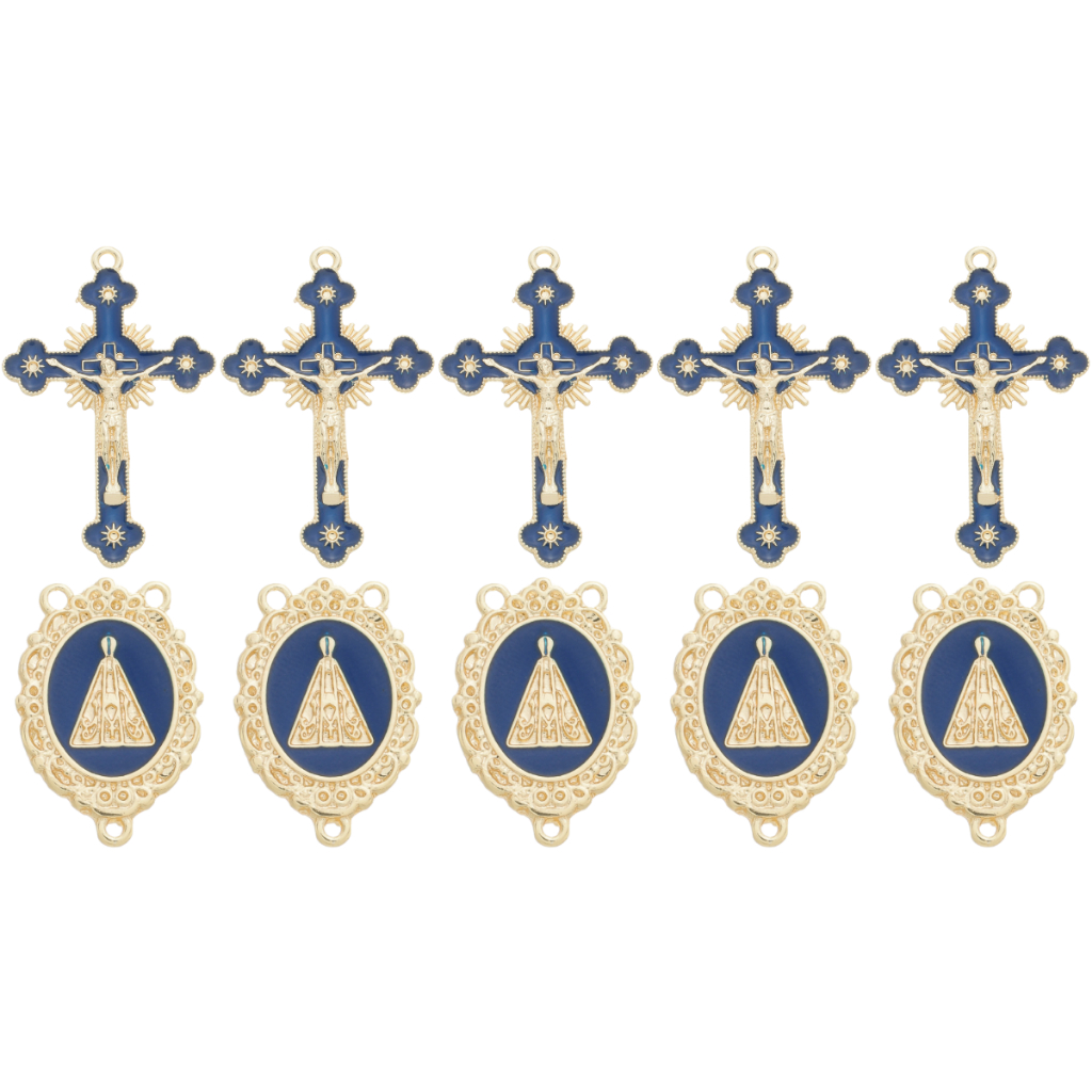 Kit 5 Pingente Cruz Jesus Resinado + 5 Entremeio Nossa Senhora Aparecida Para Fazer Terço Dourado em Oferta na Shopee