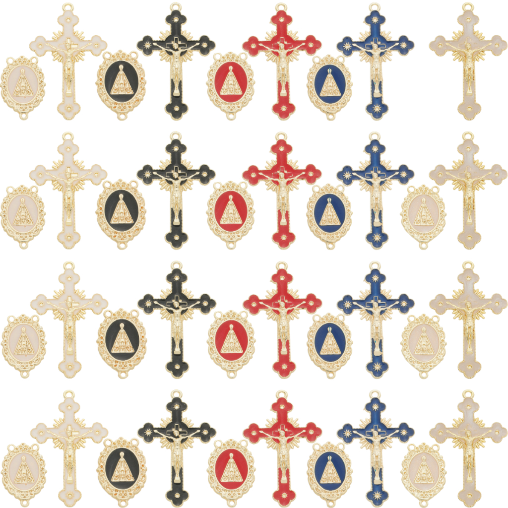 Kit 20 Pingente Cruz Jesus Resinado + 20 Entremeios Nossa Senhora Aparecida Para Fazer Terço Dourado