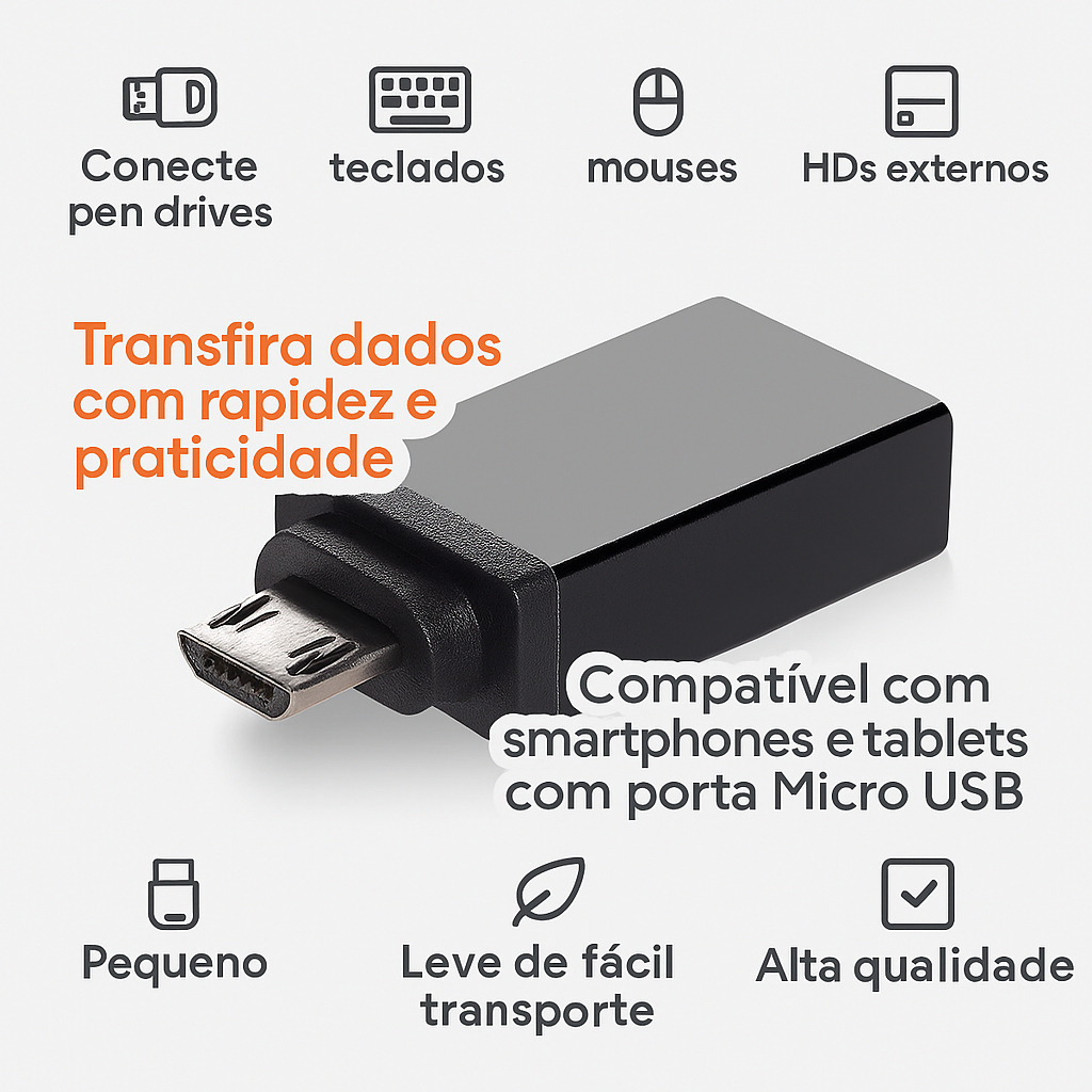 Adaptador Conversor Micro OTG USB Para micro V8 | Plug & Play | Pen Drive, Teclado e Mouse | Envio Cores Sortidas