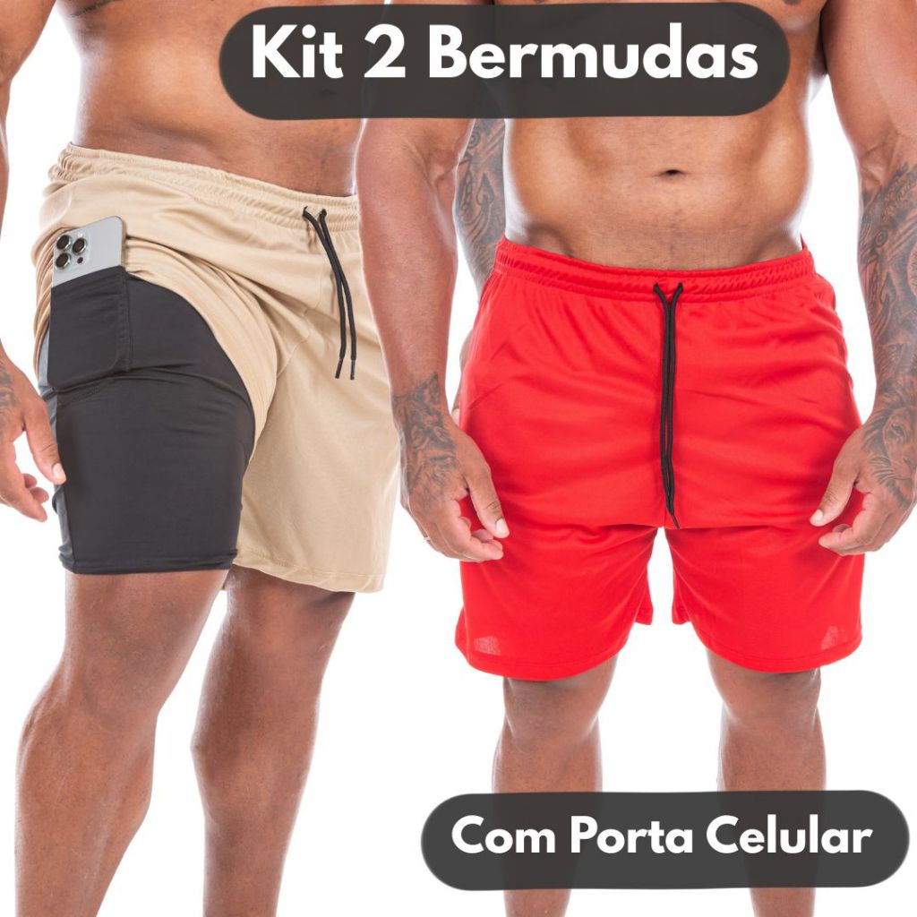 Kit bermuda 2 em 1 masculina, short com bolso interno para celular, bermuda com forro