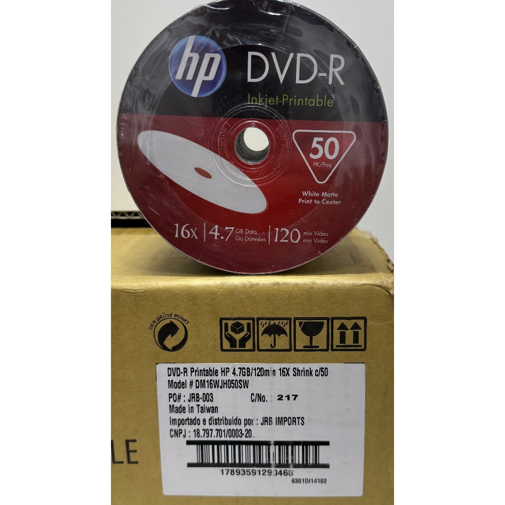 50 MIDIAS DVD-R HP PRINTABLE 4.7GB DE 120 MINUTOS