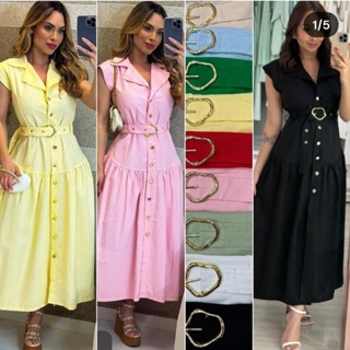 Vestido feminino com cinto / Com bojo / Com botões na frente / Tendência em Oferta na Shopee