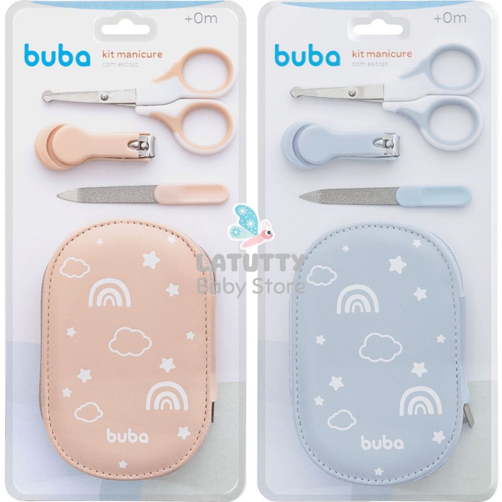 Kit Manicure Bebê Buba Cuidado e Higiene Bebe Tesoura Ponta Arredondada Lixa Cortador de Unhas com Estojo Azul Rosa