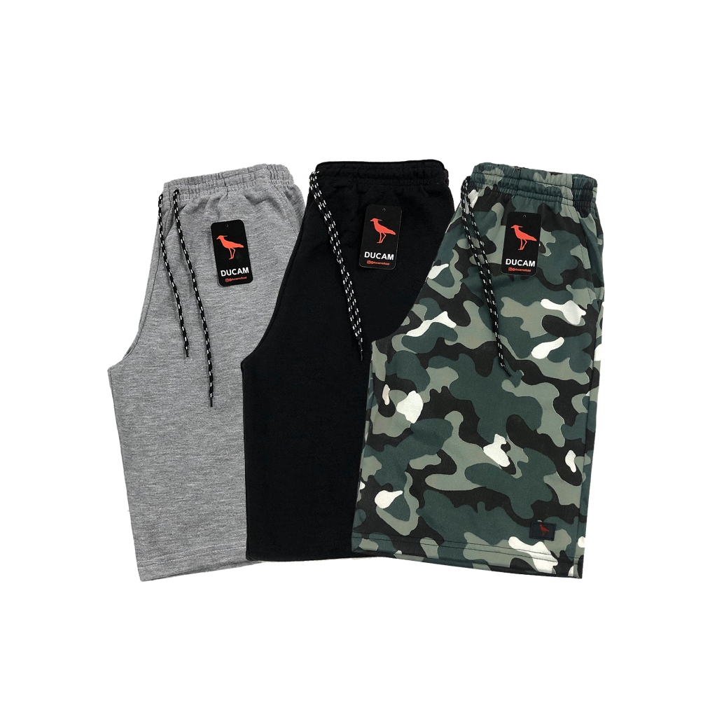 3 Bermudas de Moletom Camuflada, Lisa e Listrada em Oferta na Shopee