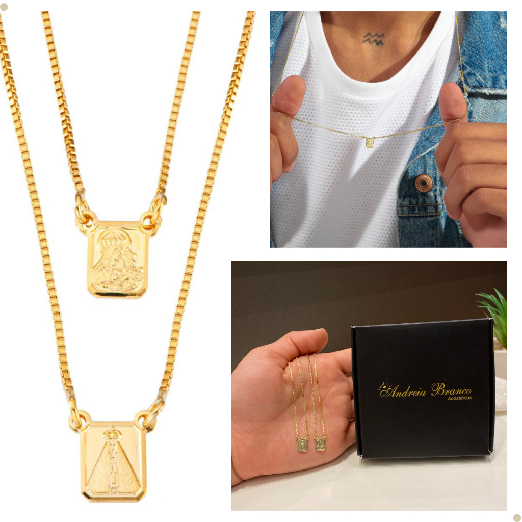 Escapulário Masculino Banhado A Ouro 18k com Imagem de Nossa Senhora Aparecida e Nossa Senhora do Carmo