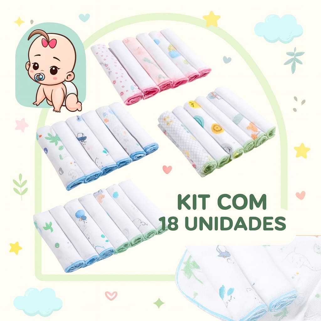 Kit 18 Peças Toalhinha De Boca Para Bebê Fralda Pano De Boca 30x30