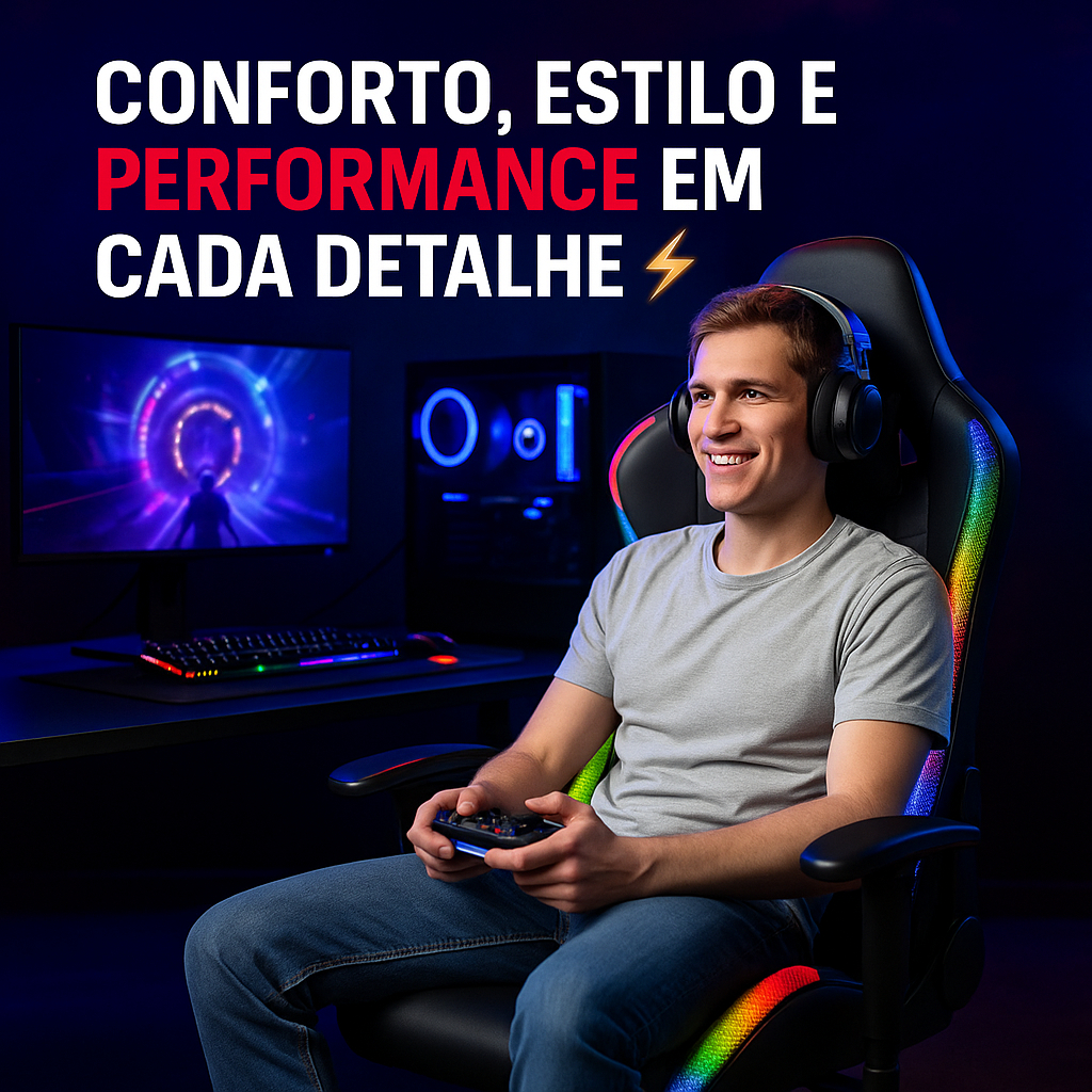 Cadeira Poltrona Gamer Giratória com Luzes RGB Ergonômica e Reclinável até 160° – Controle Remoto Conforto Estilo