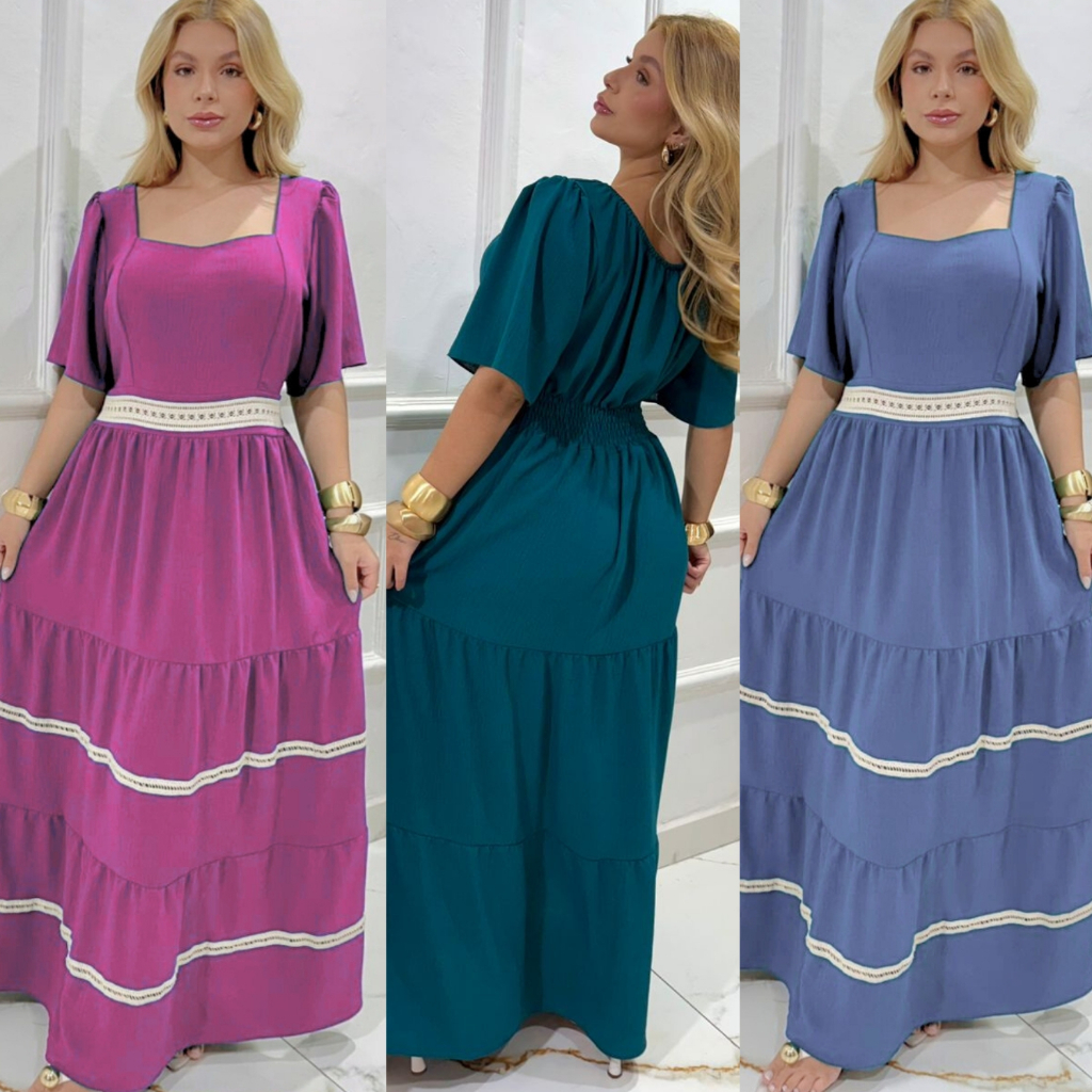 Vestido Feminino Longo com Renda 3 Marias Forrado Luxo Elegante Casual Evangelico