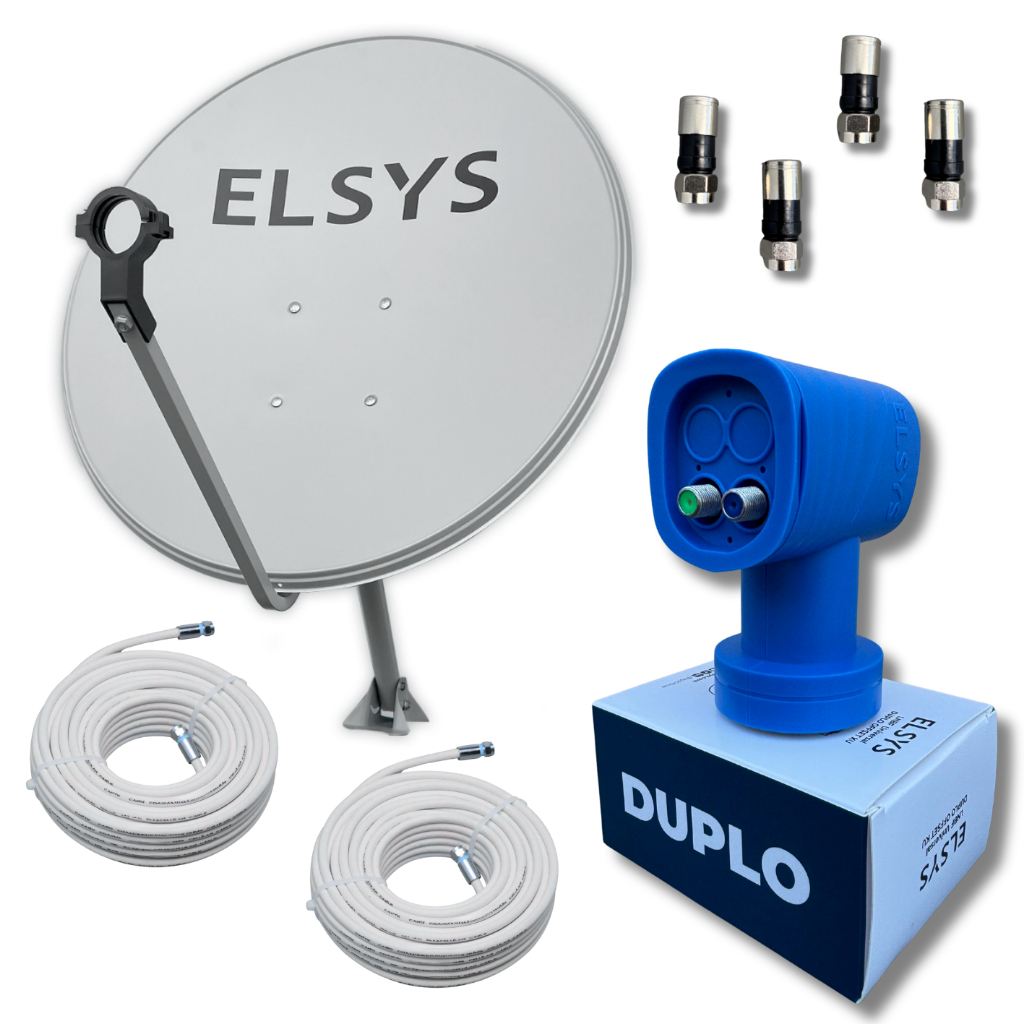 Kit Antena Digital Elsys 60cm Banda Ku + LNBF Duplo + 2 Cabos 15m + 4 Conectores