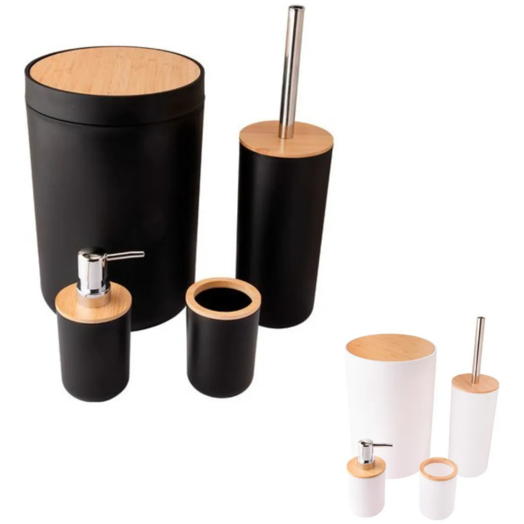 Kit Banheiro Conjunto 4pçs Lixeira 5L Tampa de Bambu Basculante