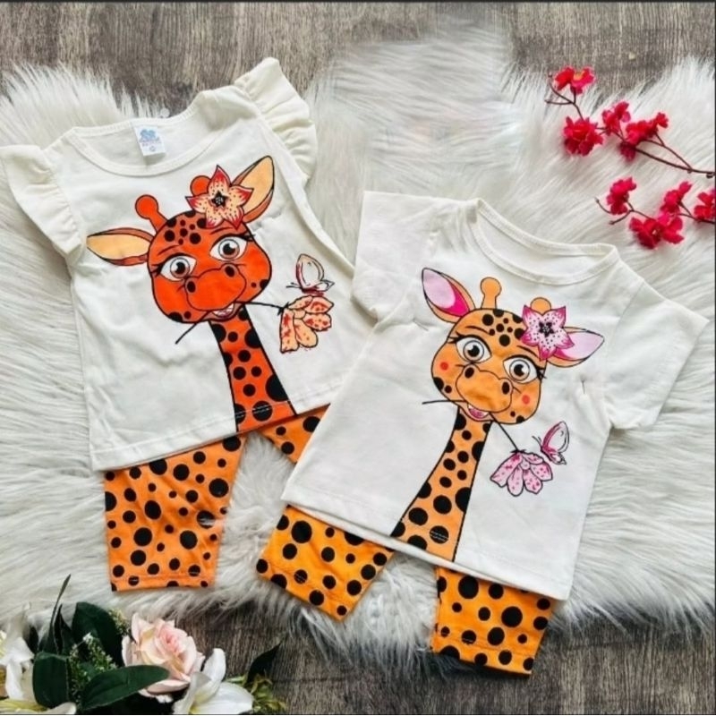 Conjunto Infantil Girafa Feminino - Camiseta e Short Laranja com Bolinhas  - Roupa Bebê Menina Verão
