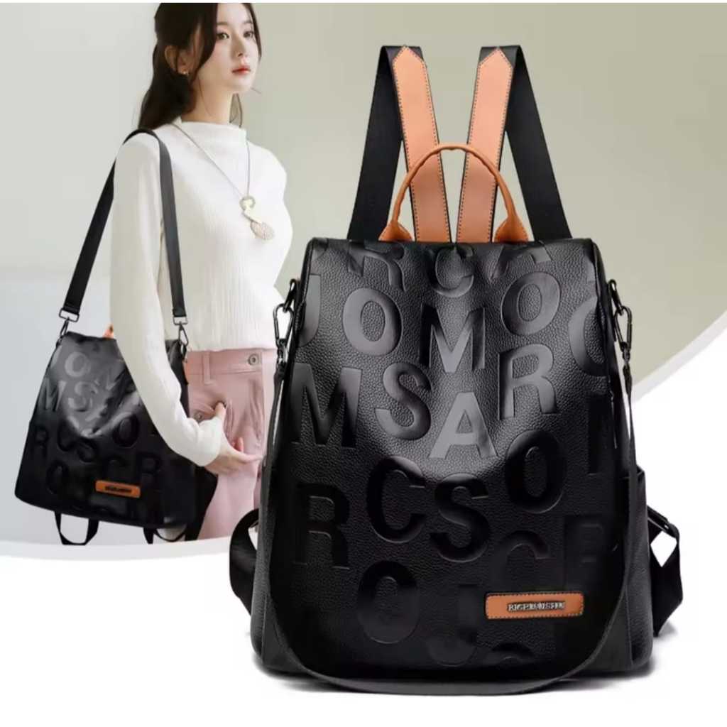 Mochila Feminina Couro PU Antifurto 3 em 1 Letras em Relevo Fashion | Bolsa de Ombro Transversal