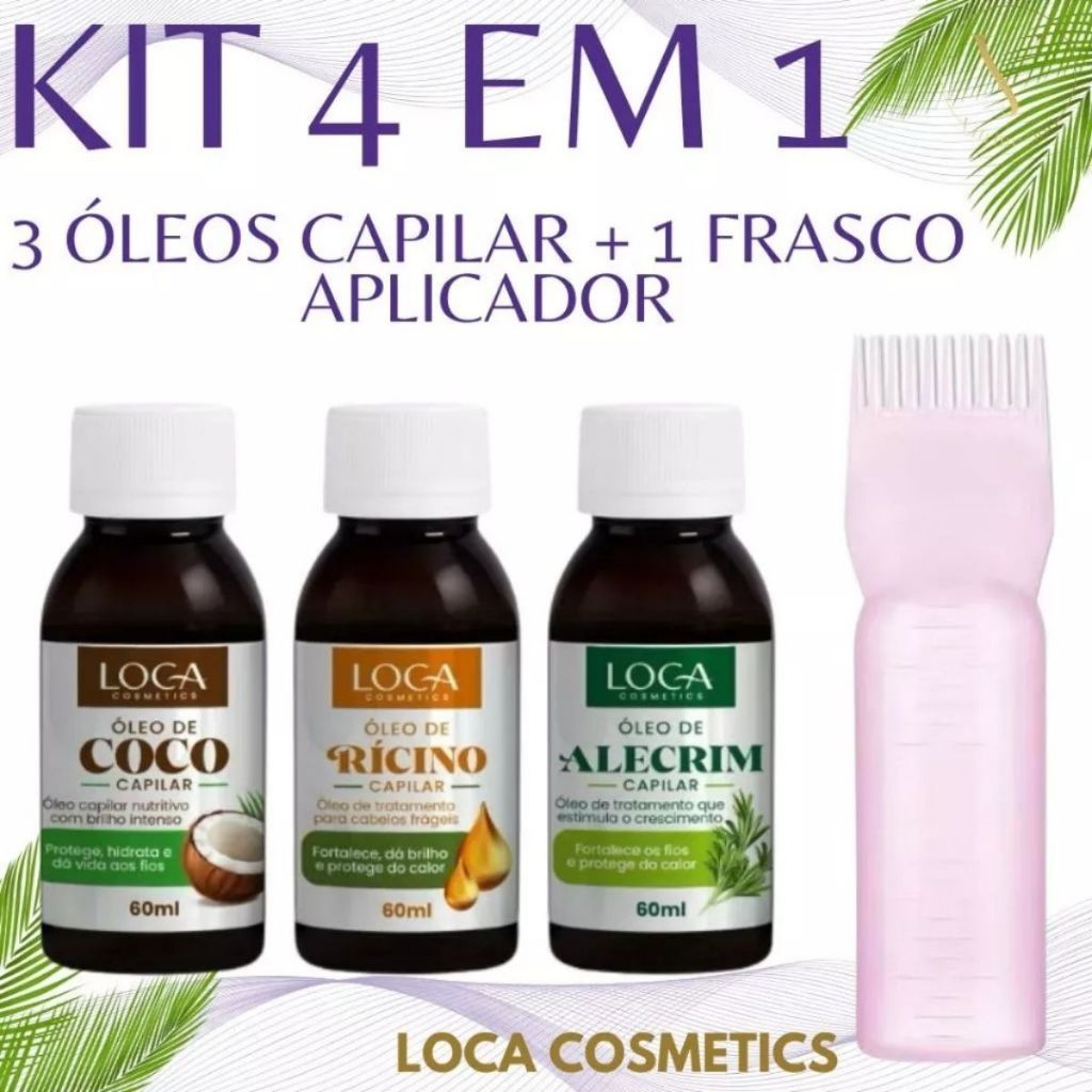Kit Terapia Capilar Loca Cosmetics Óleo de Alecrim + Coco + Ricino 60ml + Pente Aplicador