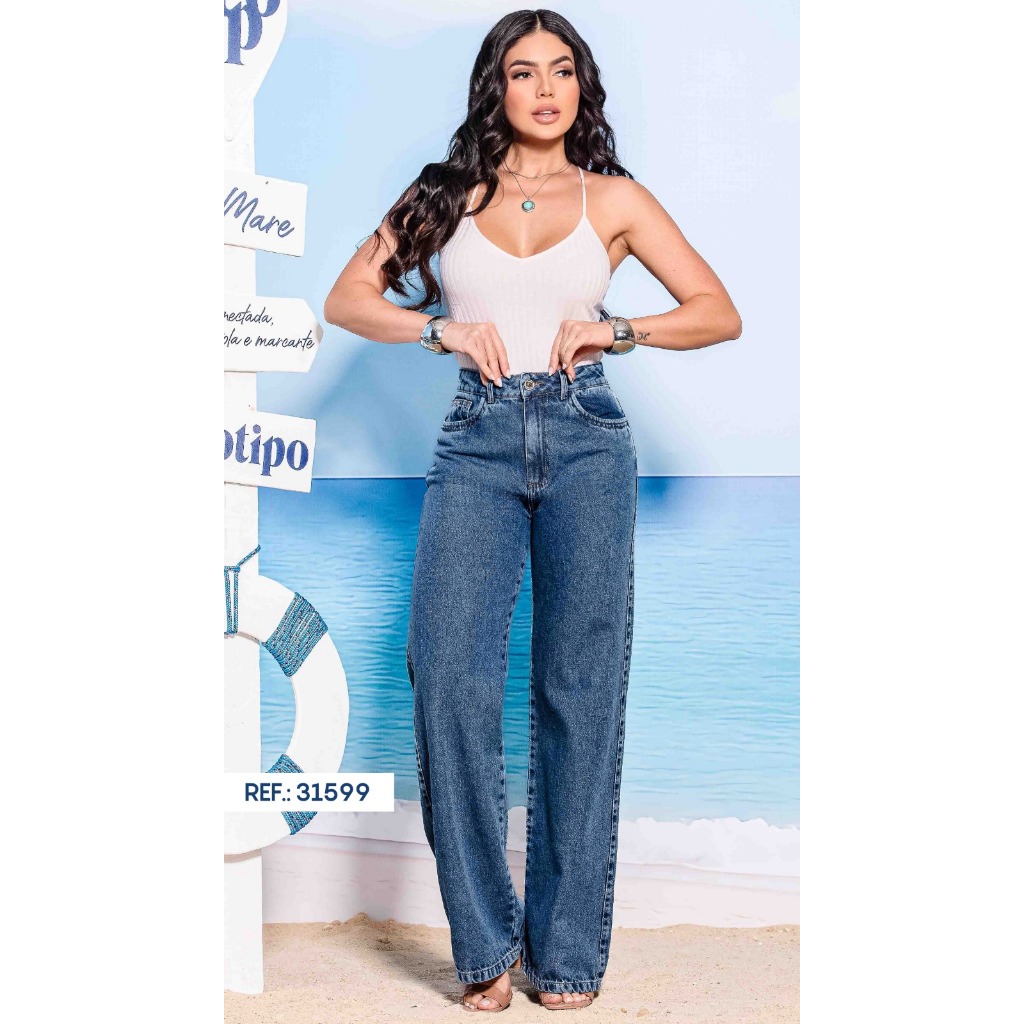 Calça Wide Leg Feminina Biotipo Jeans Marmorizada