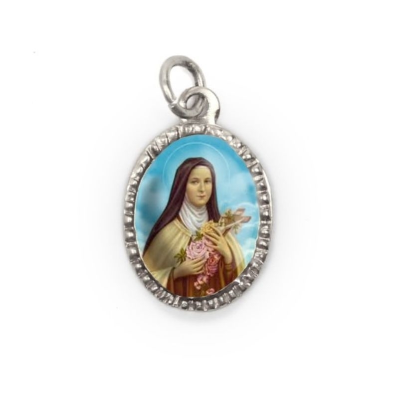 Medalha de Alumínio Oval Prata  Santa Terezinha das Rosas - 2X1,3cm