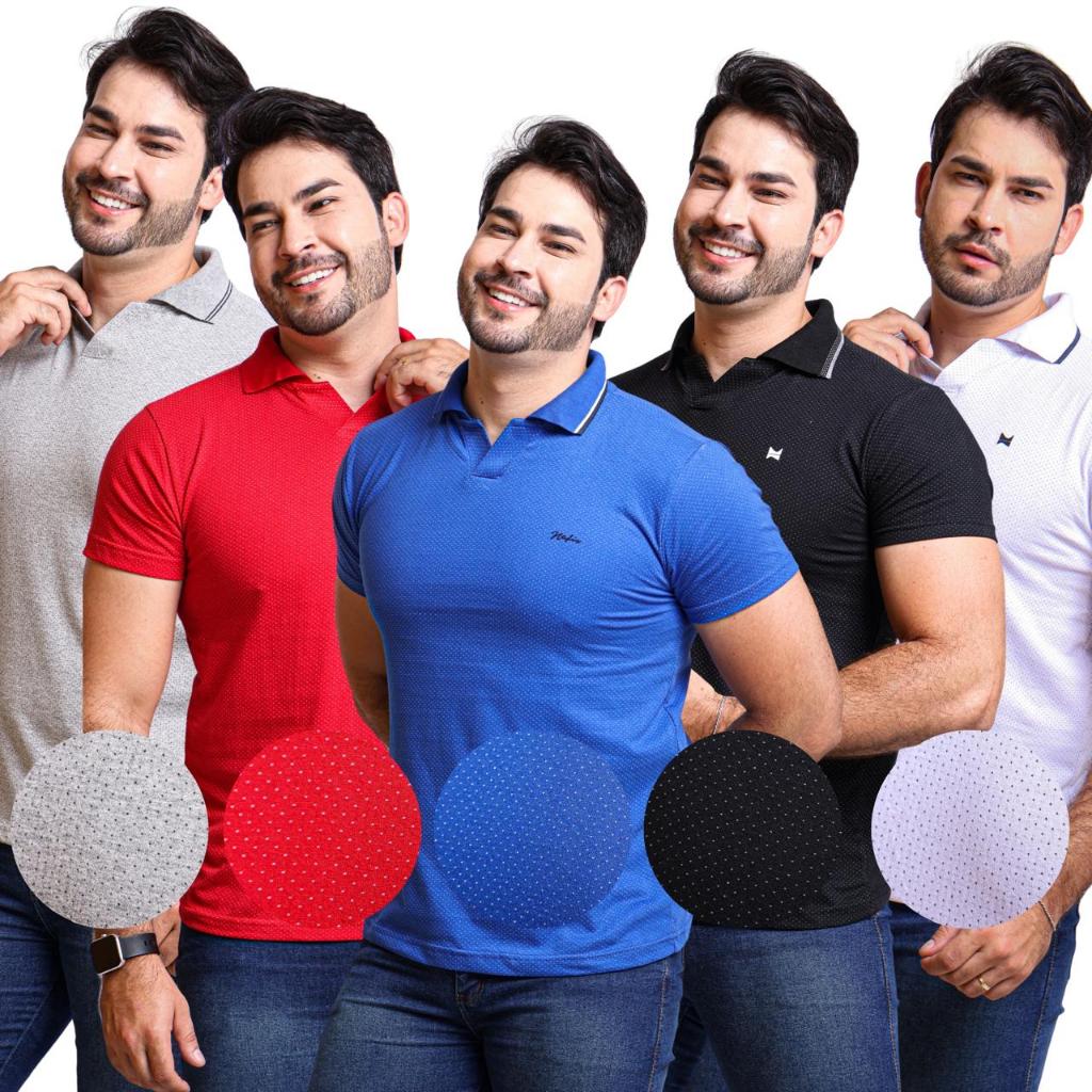 Camisa Casual Polo Estilo V Malha Texturizada Em Poá Moda Masculina Premium Esportiva