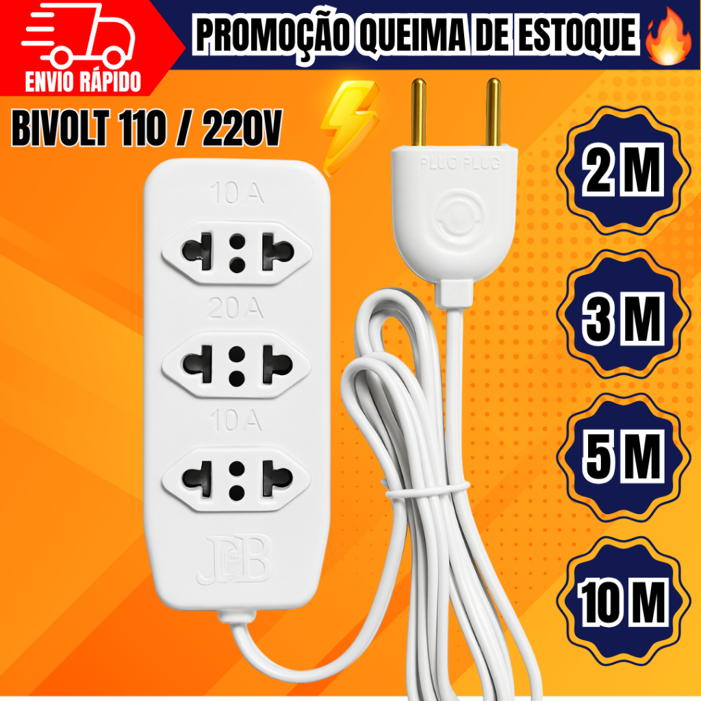 Extensão Elétrica 3 Tomadas Tripolares Cabo Prolongador Bivolt 10A 1 / 2 / 3 / 5 e 10 Metros em Oferta na Shopee