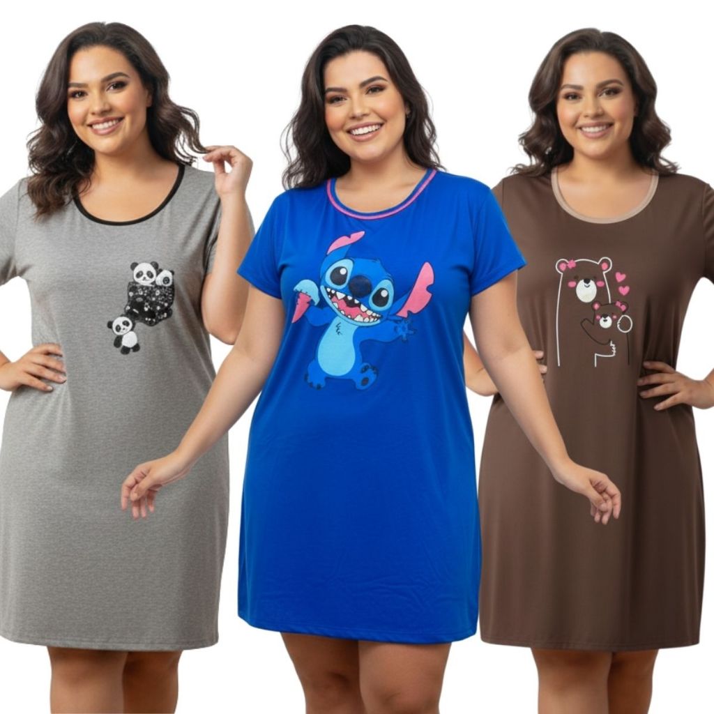 Camisola Plus Size Feminina Personagem / Camisola Manga Curta