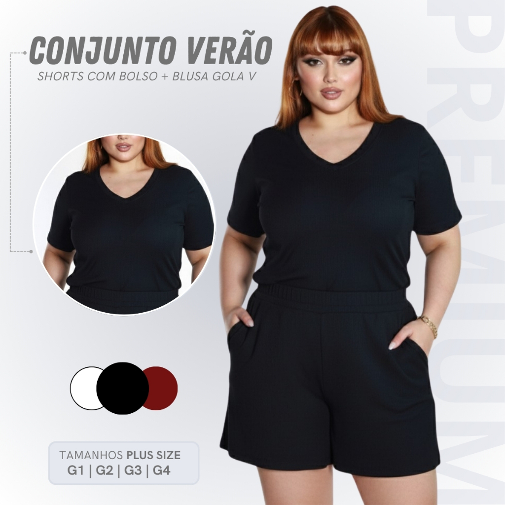 Conjunto Feminino Plus Size Short Saia Blusa Gola V Roupa Elegante Novidade Luxo Casual