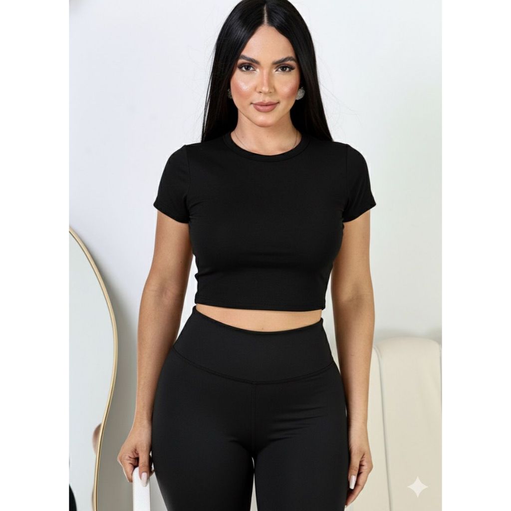 Baby tee Camiseta Feminina T-shirt Cropped com manga Blusa slim curta Blusinha manga curta malha suplex estampa lisa em Oferta na Shopee