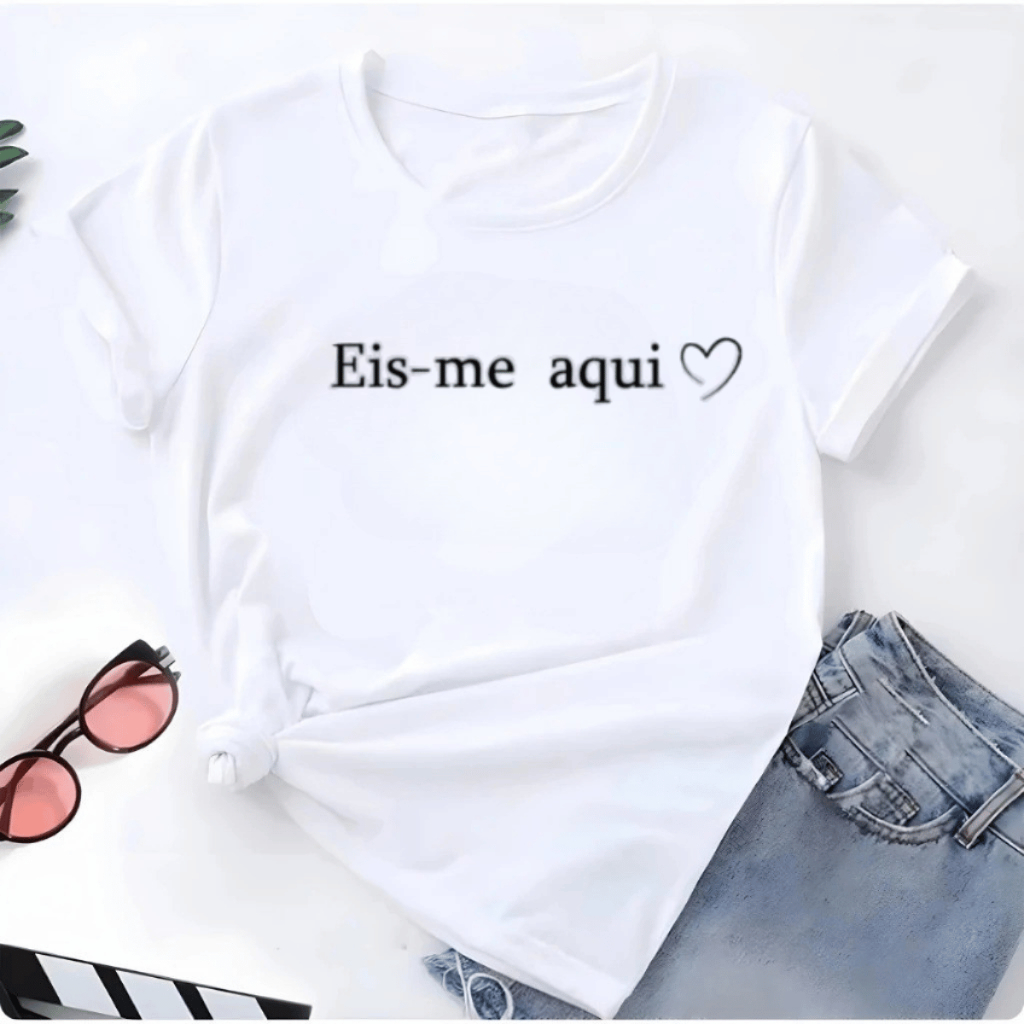 Camiseta T-shirt Estampada Frase Evangelica Eis-me Aqui Tendencia Babylook 100% Algodão Promoção em Oferta na Shopee