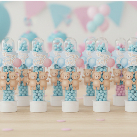 APLIQUES TUBETES CHÁ REVELAÇÃO - LEMBRANCINHAS PERSONALIZADAS - FESTA INFANTIL - MÊSVERSÁRIO