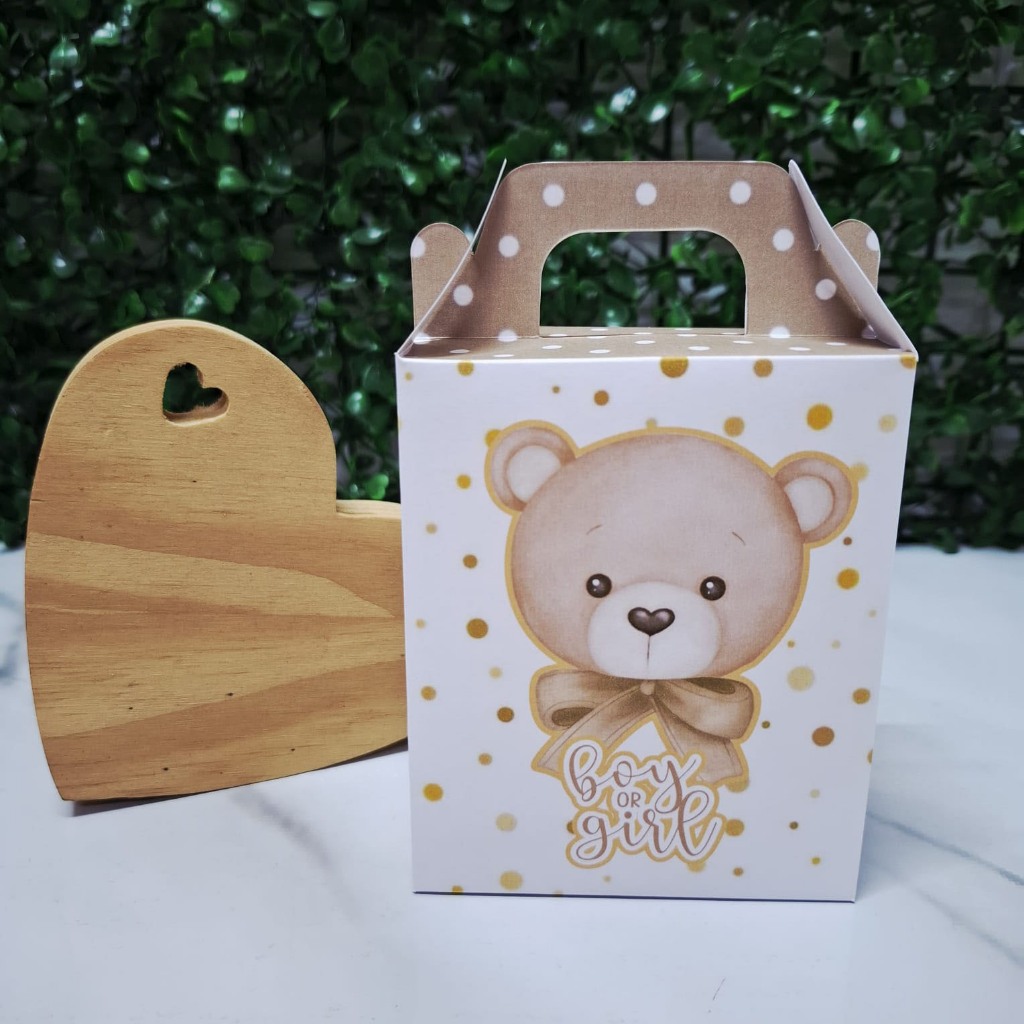 Caixas surpresa ou Presente Caixinha personalizada Tema Chá Revelação Ursinho BRANCO E DOURADO PEGUE E MONTE